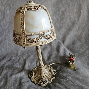 1920's Edward Miller Custard Glass Metal Frame Table Lamp Size 17" High x 6"